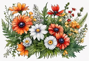 simple wildflowers cascading with thistles, ferns, white anemones, sun flowers, red flowers, black flowers, buttercups, orange flowers, babys breath and daisies all in watercolor tattoo idea