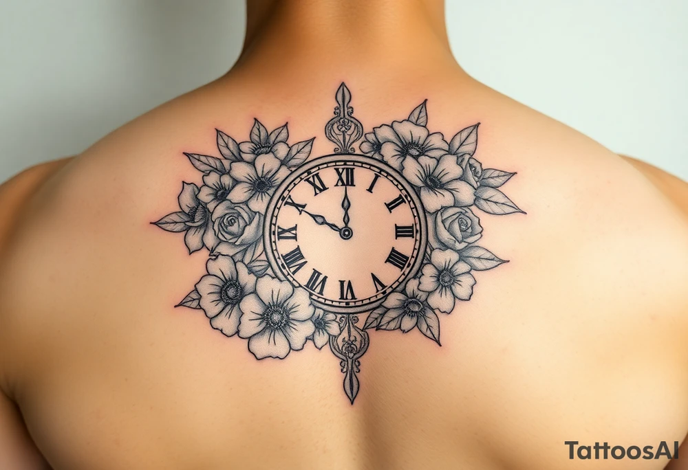 Clock set at 5:46 surrounded by flowers tattoo idea