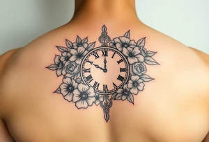 Clock set at 5:46 surrounded by flowers tattoo idea