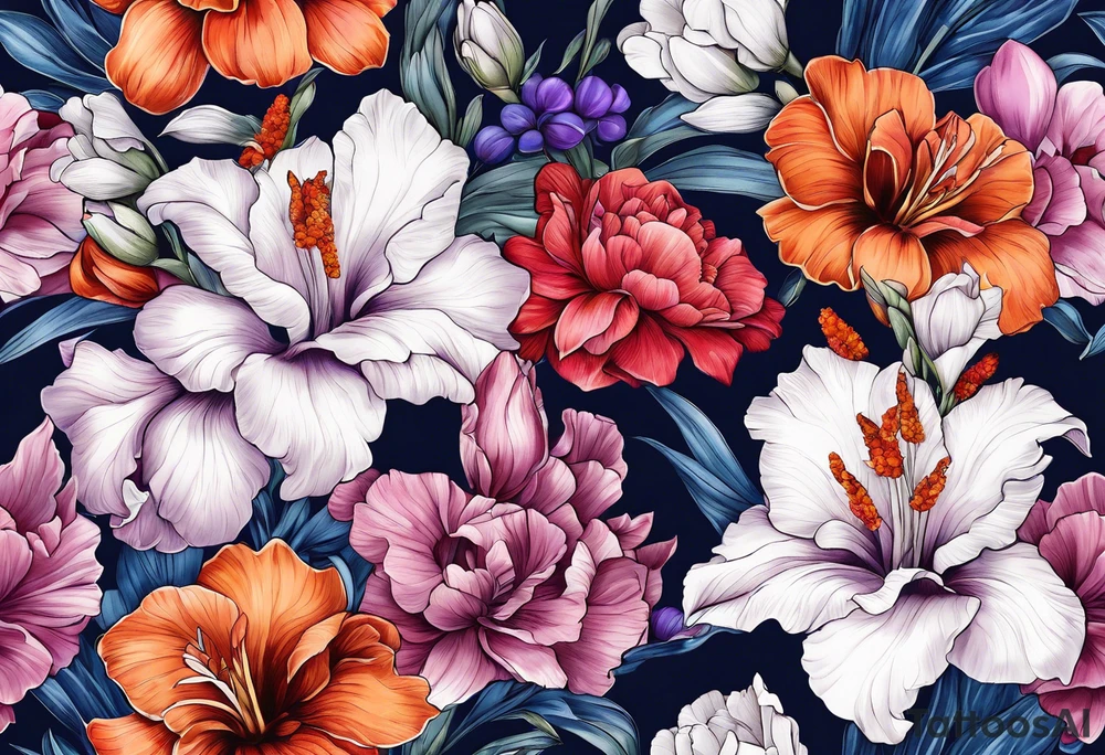 full sleeve of floral tattoo of purple gladiolus flower, pink peony, red hawthorn, orange marigold, navy blue sweet pea, and white paper white narcissus tattoo idea