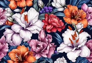 full sleeve of floral tattoo of purple gladiolus flower, pink peony, red hawthorn, orange marigold, navy blue sweet pea, and white paper white narcissus tattoo idea