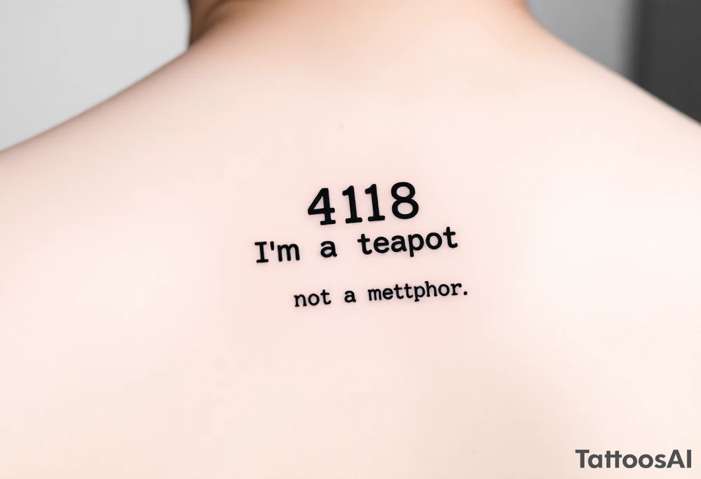 "Minimalist black tattoo of a server error message:  
'418: I’m a Teapot' in pixelated font.  
Below: tiny 'This is not a metaphor' in Comic Sans.  

Style: Glitch art. Placement: Inner arm. No colors." tattoo idea
