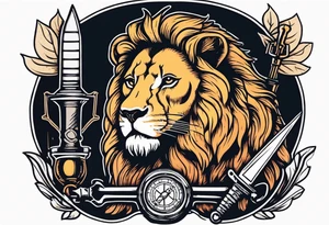 vintage lion icon holding a sword and scientific equipment tattoo idea