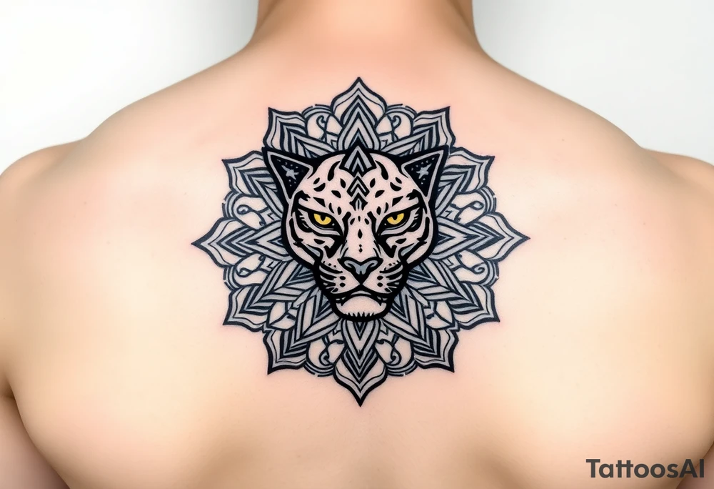 intricate mandala with a sacred panther with geometry and cosmic tattoo idea