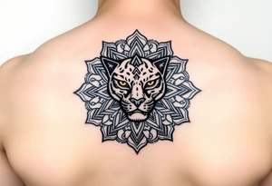 intricate mandala with a sacred panther with geometry and cosmic tattoo idea