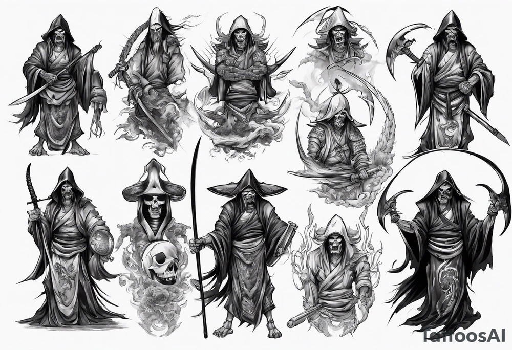 asian warrior who is also a grim reaper tattoo idea