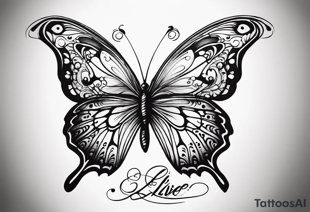 butterfly with one wing black scribbles, the other wing beautiful and colorful, the body has the date 1.9.2023 and the words written "I chose to live." tattoo idea