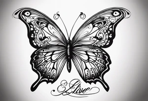 butterfly with one wing black scribbles, the other wing beautiful and colorful, the body has the date 1.9.2023 and the words written "I chose to live." tattoo idea