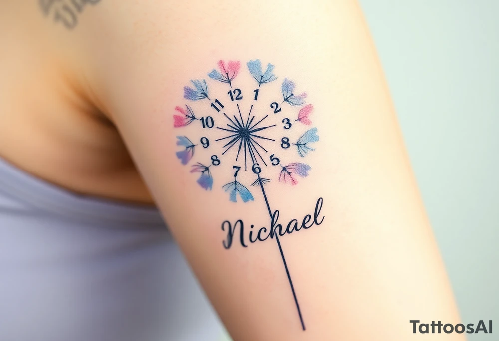 A watercolor-styled dandelion with clock numbers and date 13. 07. 2019 and name "Michael", representing fleeting time and new beginnings, in pastel blues and purples tattoo idea