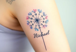 A watercolor-styled dandelion with clock numbers and date 13. 07. 2019 and name "Michael", representing fleeting time and new beginnings, in pastel blues and purples tattoo idea