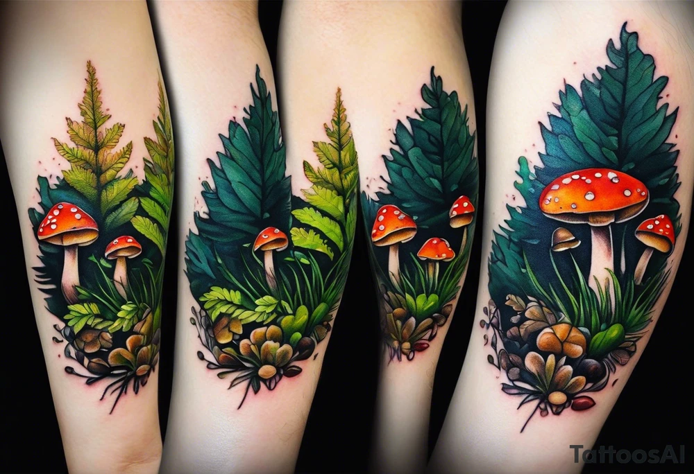 minimalistic forest floor inspired tattoo, which includes grass, moss, curly ferns and dead leaves as the bulk of the tattoo. details to include: forest berries, couple of very small brown mushrooms, a tiny bumblebee flying nearby tattoo idea