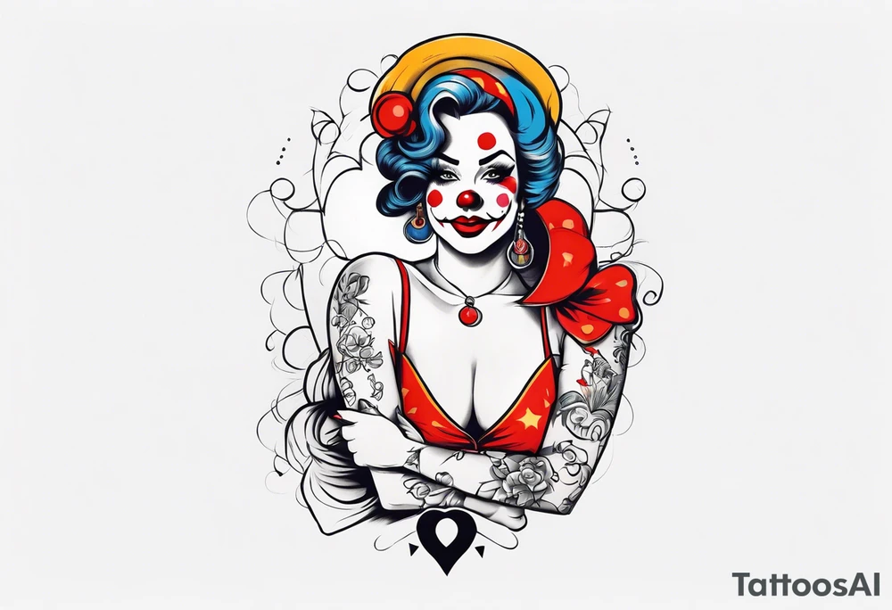 pin up style clown woman full body tattoo idea