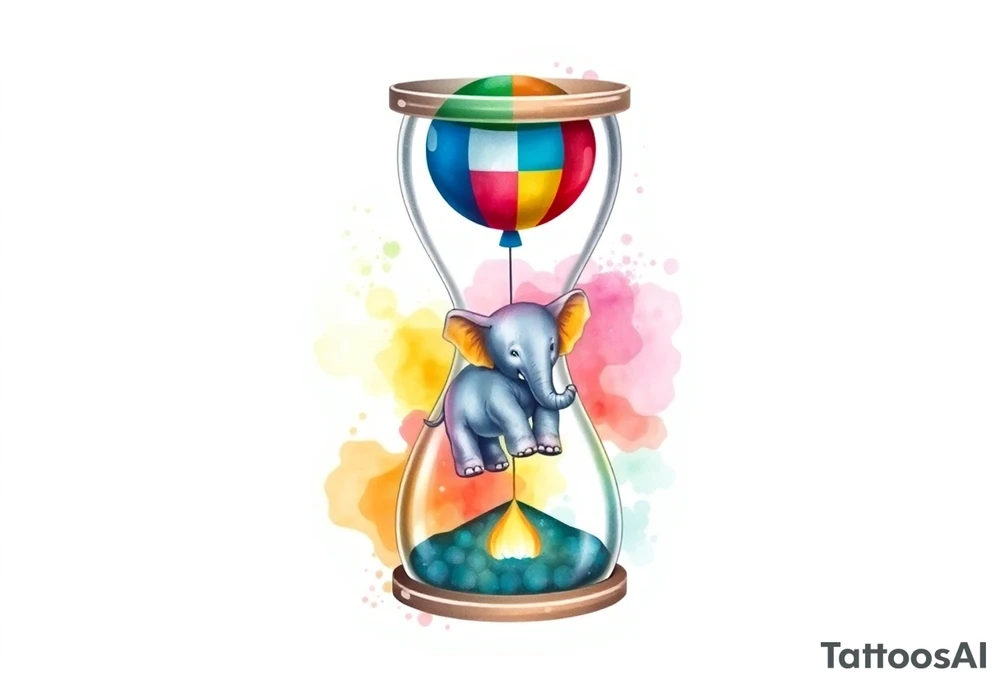 An hour glass with a Baby elephant inside and an autism balloon coming from outside and  the top of the hour glass. All around the hour glass would be a rainbow of water colors tattoo idea