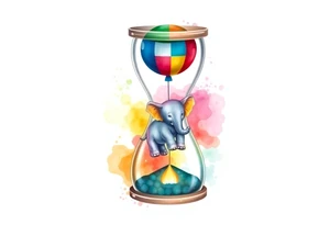 An hour glass with a Baby elephant inside and an autism balloon coming from outside and  the top of the hour glass. All around the hour glass would be a rainbow of water colors tattoo idea