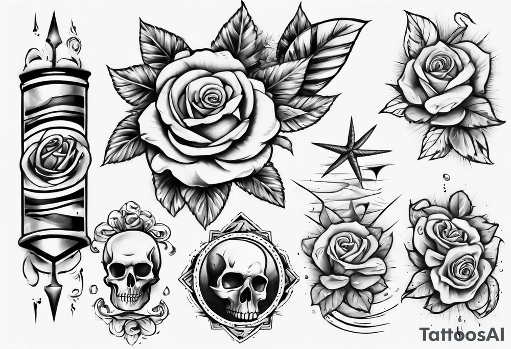 Half-sleeve with roses, beach theme and gambling tattoo idea