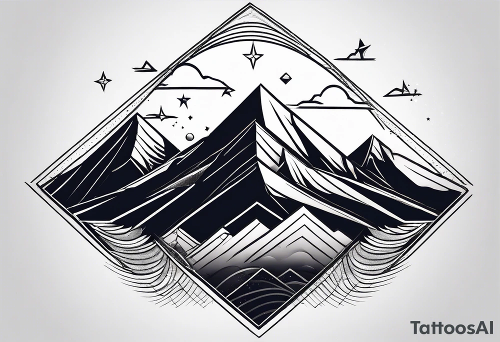 Mountain one Peak, sea waves, space with two littel Stars, geometrical Firma dashed lines overlapping tattoo idea