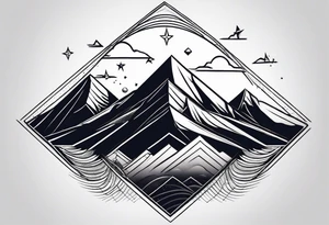Mountain one Peak, sea waves, space with two littel Stars, geometrical Firma dashed lines overlapping tattoo idea