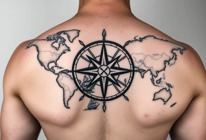 antique compass rose overlaid on weathered world map with sailing ships tattoo idea