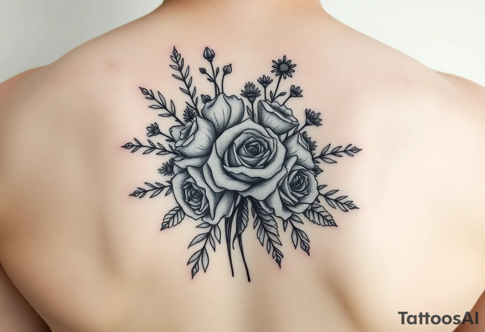 vintage bouquet of wild roses and meadow flowers with morning dew tattoo idea
