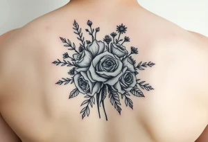 vintage bouquet of wild roses and meadow flowers with morning dew tattoo idea