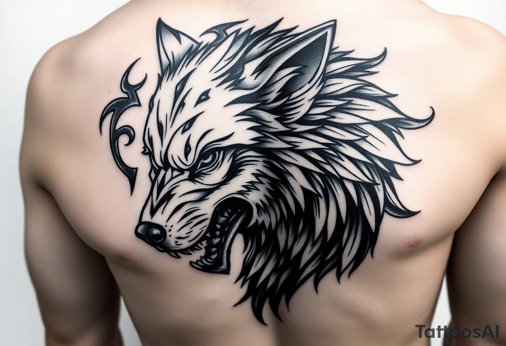 side face of wolf from hell with some tribal art around it. must be long enough to fit the outside of my forearm. tattoo idea