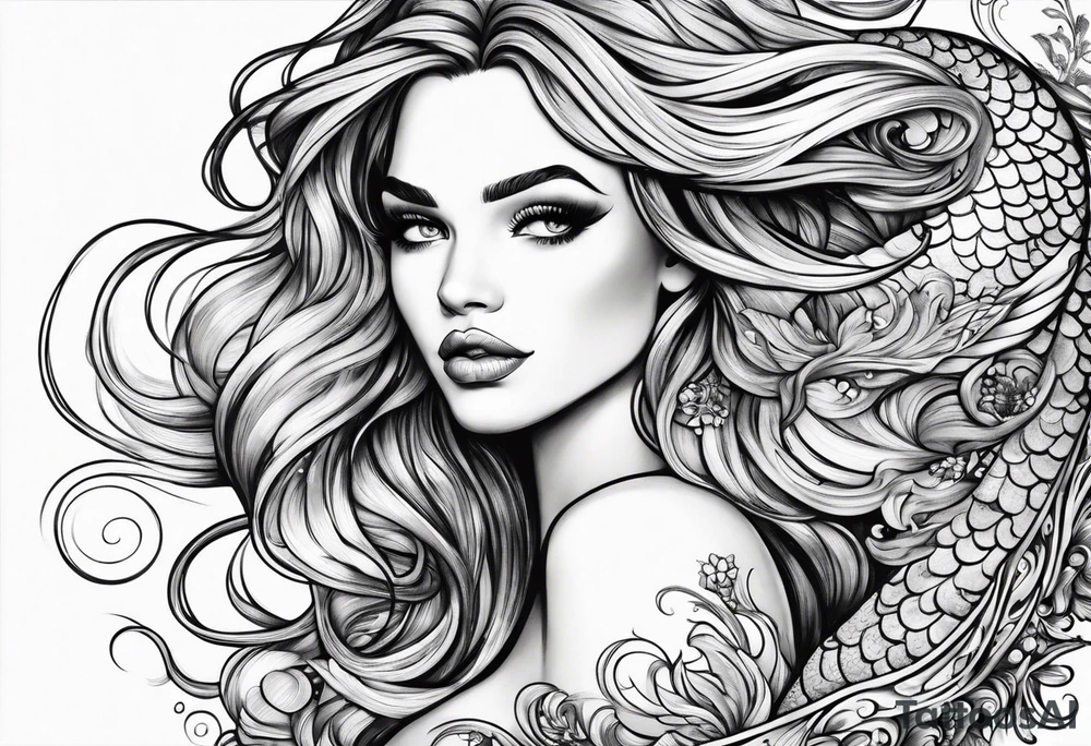 Wildly flowing mermaid hair tattoo idea