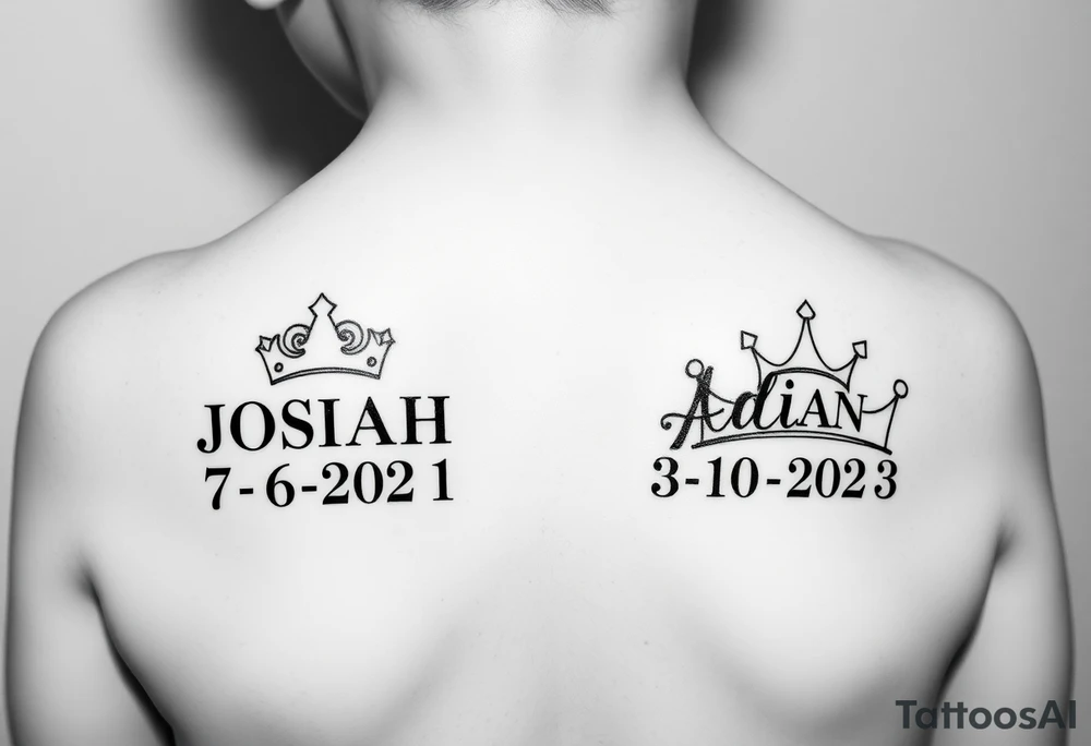 2 year old boy with new bown baby with little princess crowns with the names JOSIAH 7-6-2021 in roman numerals & the your boy with the name ADIAN IN SIDE CROWN 3-10-2023 IN roman numerals tattoo idea