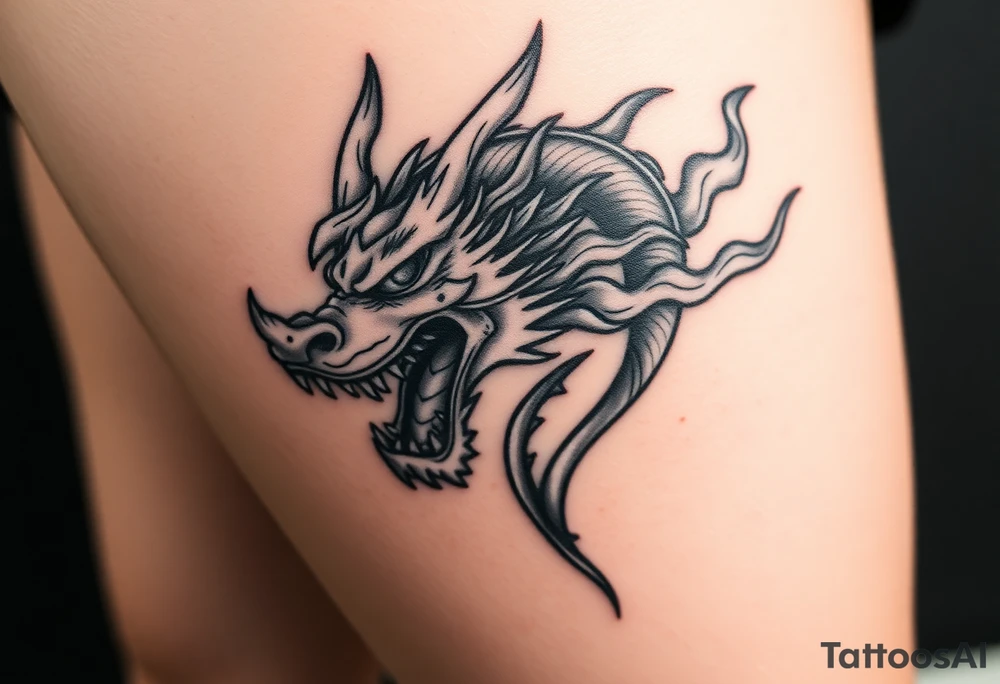 fierce dragon head breathing iridescent fire tattoo idea