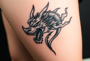 fierce dragon head breathing iridescent fire tattoo idea