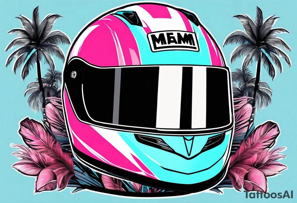 Formula 1 helment with the Miami name a palm tree and light blue black and pink colors 3/4 view tattoo idea