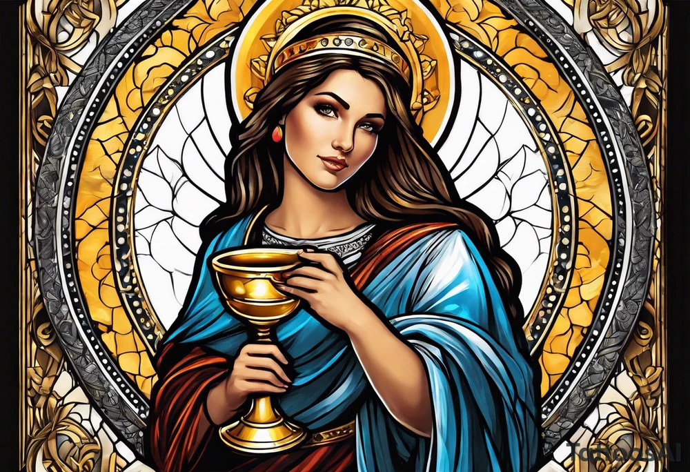 woman saint holding chalice surrounded by golden halo portrait tattoo idea