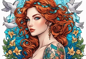 Aphrodite with auburn hair and ocean-blue eyes surrounded with doves and poison ivy sitting on a heart tattoo idea