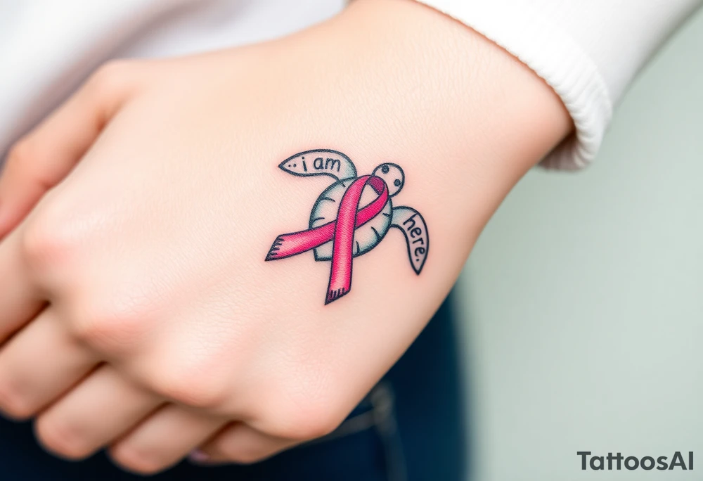 I am here pink ribbon sea turtle theme tattoo idea