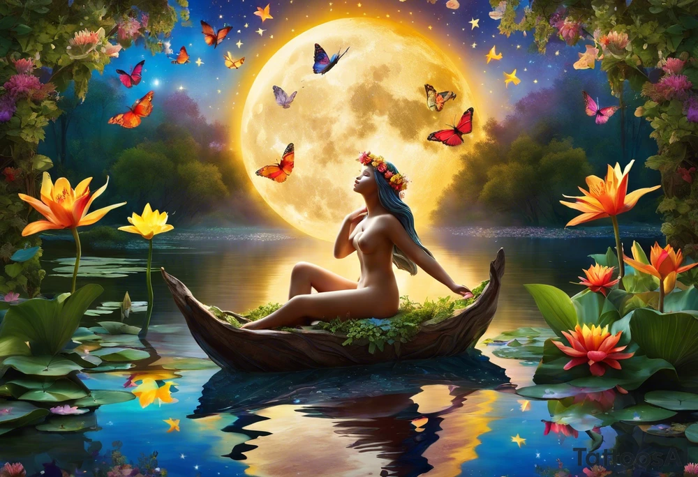 Wood nymph. She is wearing a crown made of butterflies and has a pond and lilies near her feet with colorful vegetation. She is holding her arms upright and has her hands cupped above her head. Above her hands she has the moon, stars, and sun. The moon, stars, and sun have a flower accent. tattoo idea