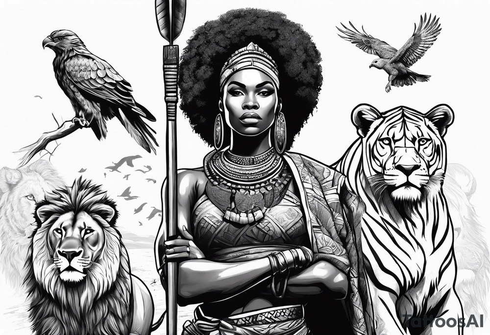 African woman warrior holding a spear with birds and lion in the background tattoo idea