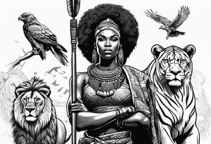 African woman warrior holding a spear with birds and lion in the background tattoo idea