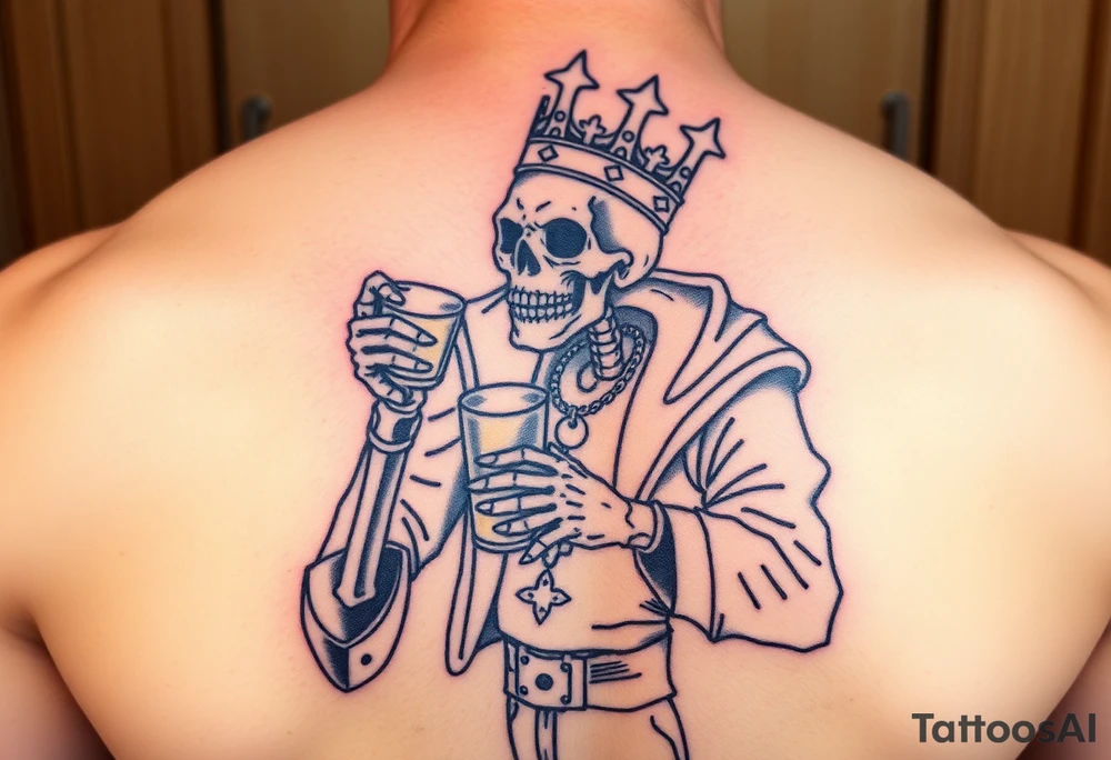 evil skeleton king in clothes getting drunk tattoo idea