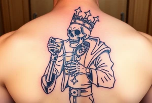 evil skeleton king in clothes getting drunk tattoo idea