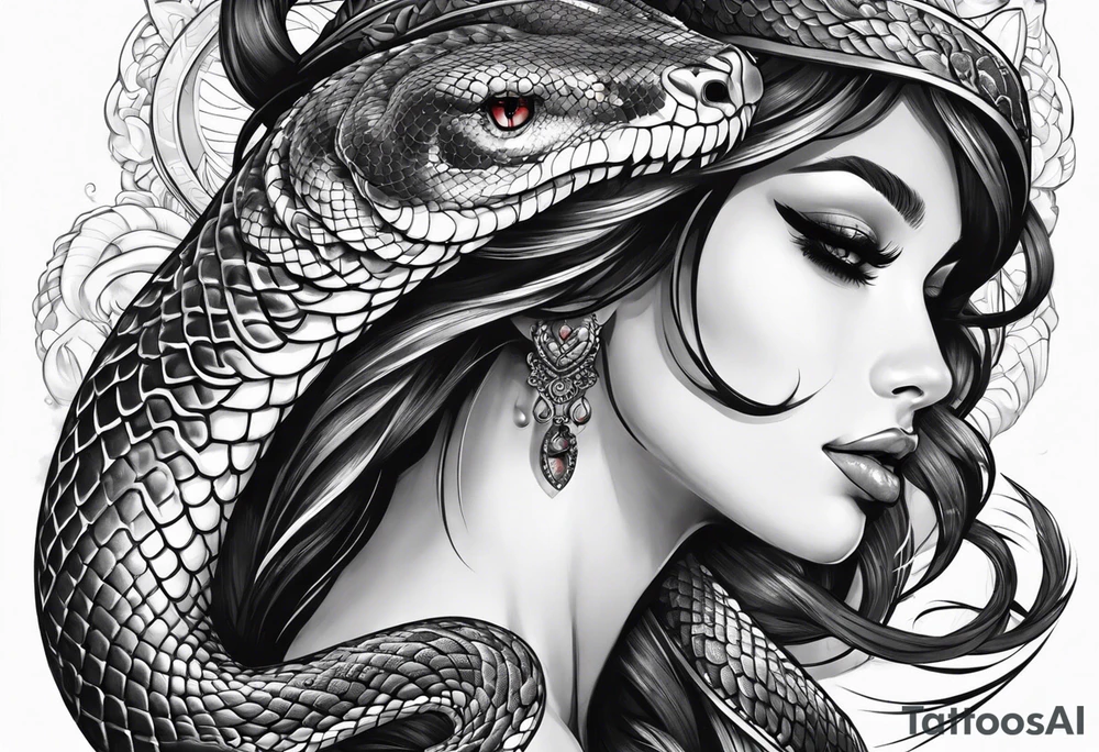 Big snake on girl head tattoo idea
