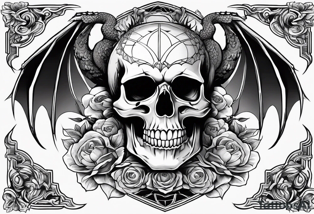 Powerful Majestic skull on top of dragon with clouds on boarder tattoo idea
