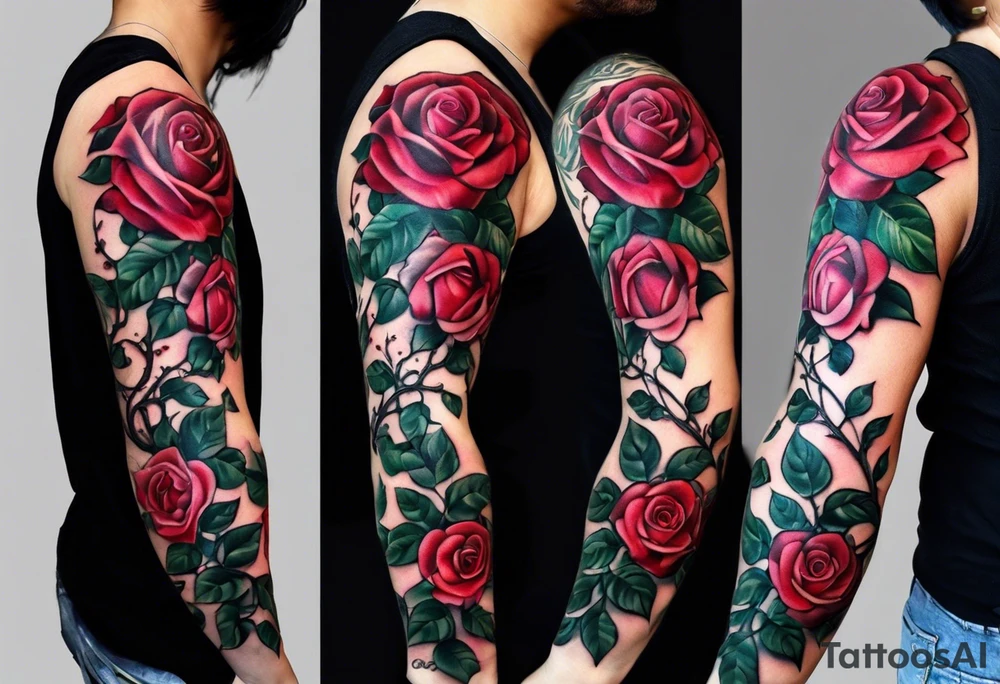 draw image of sleeve tattoo that has 65 small roses on a vine, they can be different sizes. It is long and narrow in design so it fits on an arm. The vine has some leaves and thorns but not too many. The roses will be a mix of small and medium size with some front on and others side on. tattoo idea