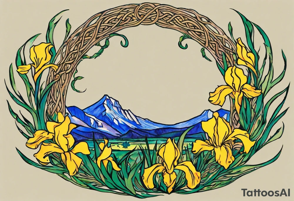 Create a small colorful Vincent van Gogh Irises tattoo in the form of a crescent, with vines or Celtic knots gracefully intertwining at a central point in the middle of the wreath.  In the middle of the wreath are mountains and other items found in New Mexico. Ensure that the design avoids the appearance of a bush and maintains a more structured and deliberate arrangement. The intended placement is on the upper chest. The overall design should be small in size while maintaining a delicate and artistic aesthetic. Pay attention to the graceful flow of the vines and the placement of the irises to achieve a refined and elegant look. tattoo idea