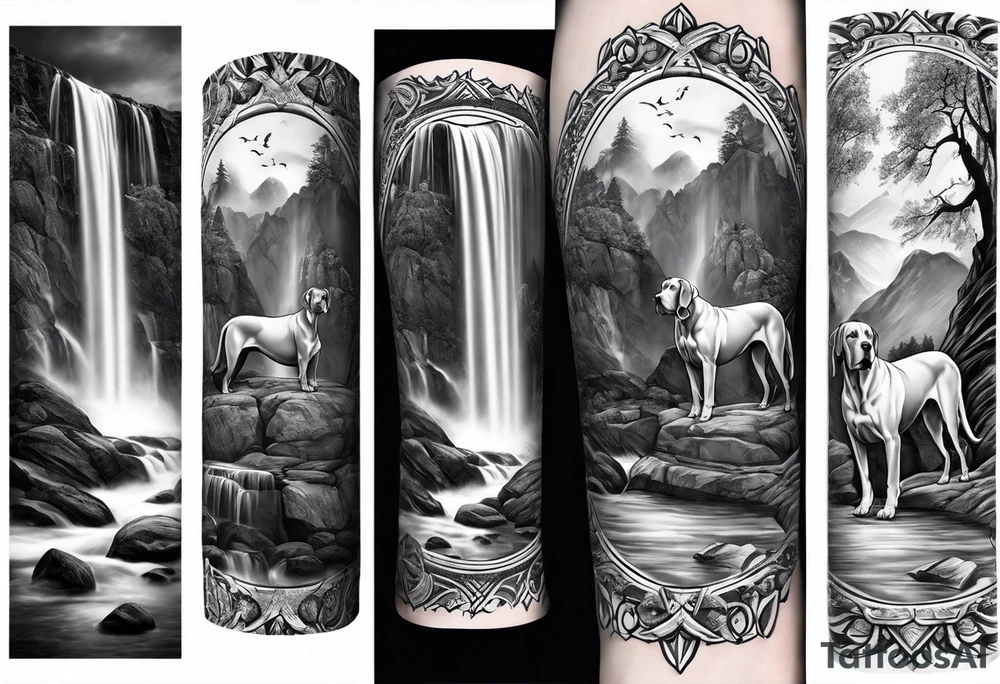 Arm sleeve- with four Great Danes in front of waterfall tattoo idea