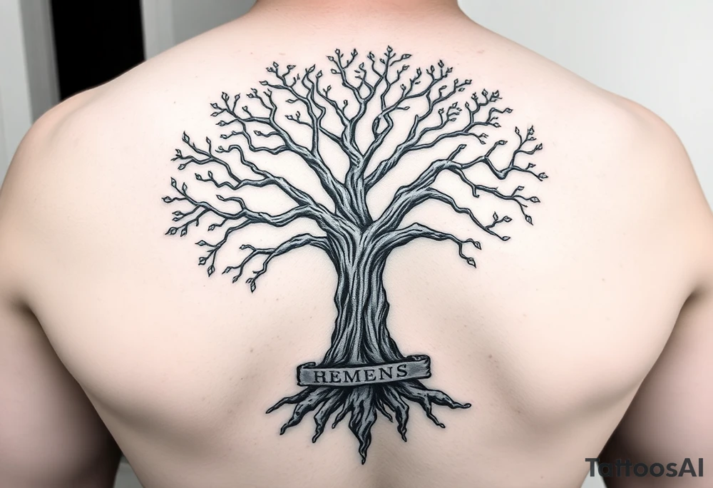 Tree of Life where the trunk and roots of the tree turns into a thor's hammer with runes written on it tattoo idea