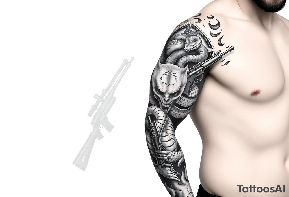 I want a full sleeve from shoulder to wrist. I want to incorporate a firefighter and Marine corps logo. I like snakes, rifles, guns, flames tattoo idea