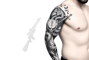 I want a full sleeve from shoulder to wrist. I want to incorporate a firefighter and Marine corps logo. I like snakes, rifles, guns, flames tattoo idea