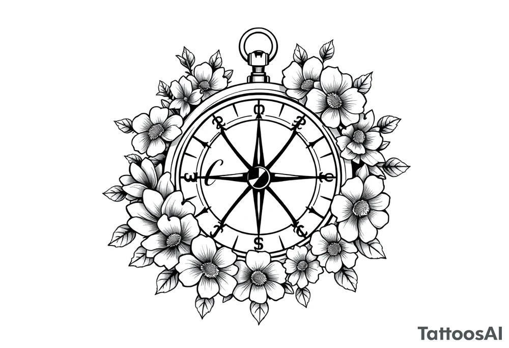 Compass surrounded with flowers cursive letters tattoo idea