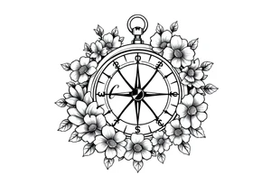 Compass surrounded with flowers cursive letters tattoo idea