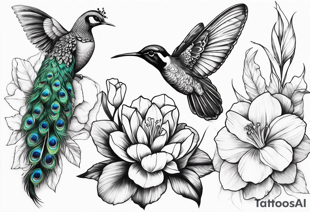 Peacock feather, butterfly, narcissus flower and hummingbird tattoo idea