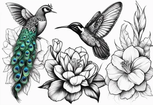 Peacock feather, butterfly, narcissus flower and hummingbird tattoo idea